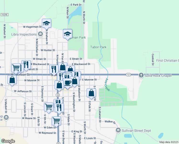 map of restaurants, bars, coffee shops, grocery stores, and more near 201-237 North Calhoun Street in Sullivan