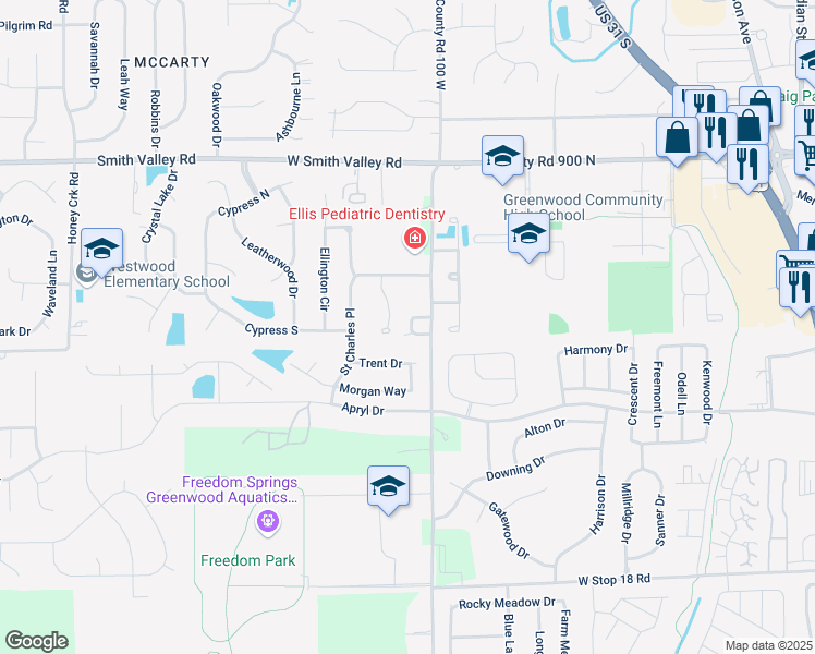 map of restaurants, bars, coffee shops, grocery stores, and more near 1018 Montgomery Drive in Greenwood