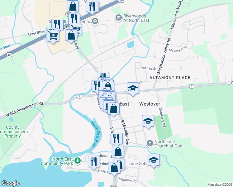 map of restaurants, bars, coffee shops, grocery stores, and more near 1 East Cecil Avenue in North East