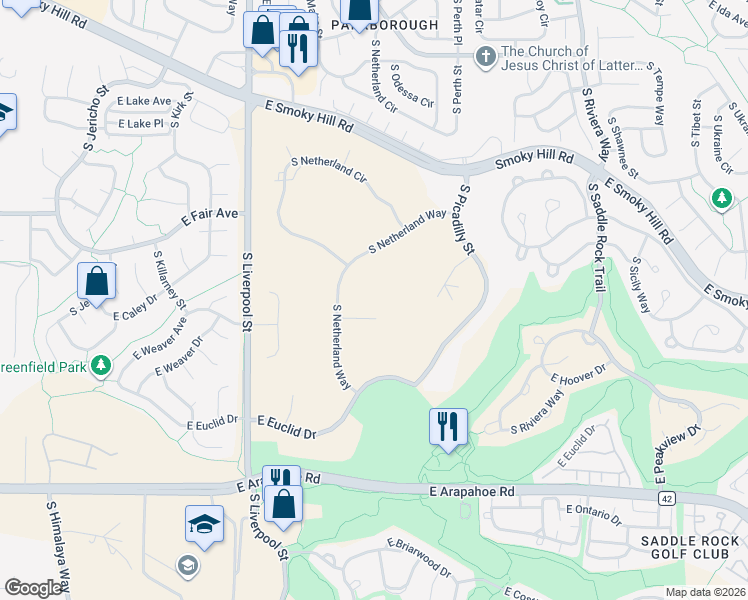 map of restaurants, bars, coffee shops, grocery stores, and more near 7749 South Valdai Court in Aurora