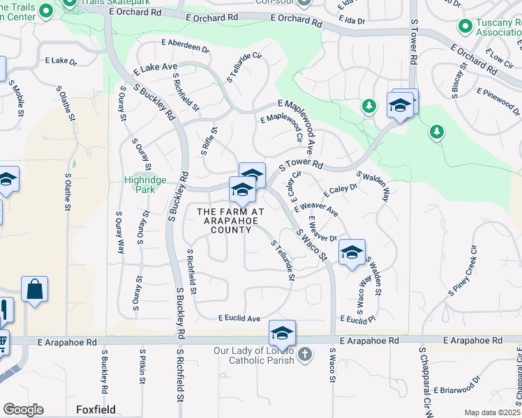 map of restaurants, bars, coffee shops, grocery stores, and more near 6363 S Waco St in Aurora