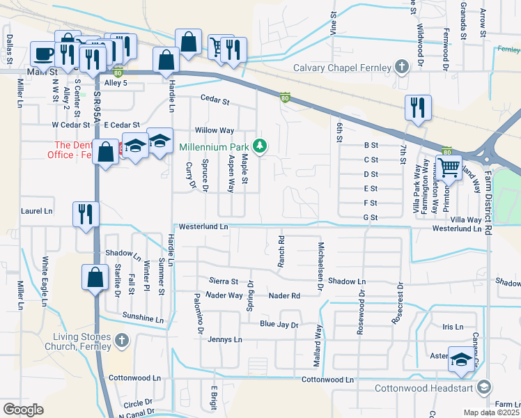 map of restaurants, bars, coffee shops, grocery stores, and more near 675 Silverlace Boulevard in Fernley