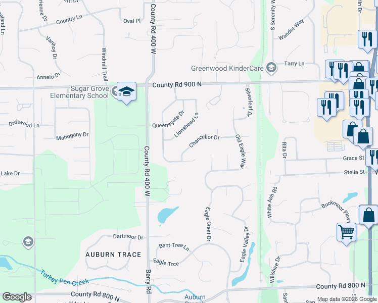 map of restaurants, bars, coffee shops, grocery stores, and more near 3868 Chancellor Drive in Greenwood