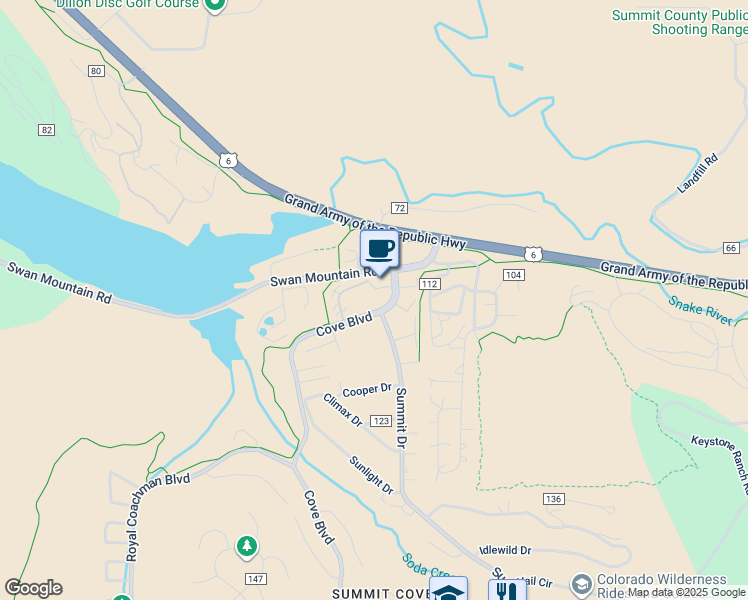 map of restaurants, bars, coffee shops, grocery stores, and more near 100 Cove Boulevard in Dillon