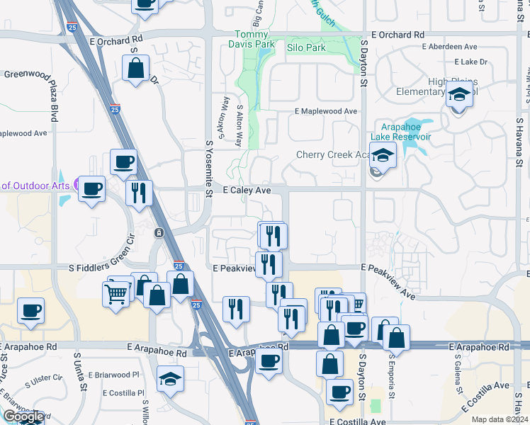 map of restaurants, bars, coffee shops, grocery stores, and more near 6401 South Boston Street in Greenwood Village