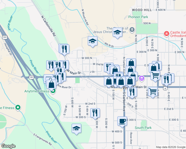 map of restaurants, bars, coffee shops, grocery stores, and more near 128 North 4th West in Price