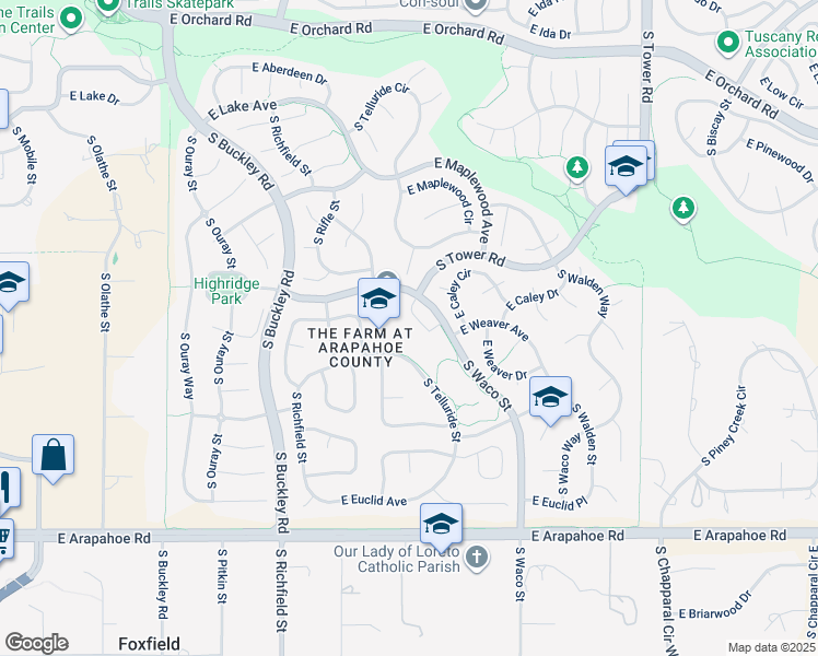 map of restaurants, bars, coffee shops, grocery stores, and more near 6363 South Waco Street in Aurora