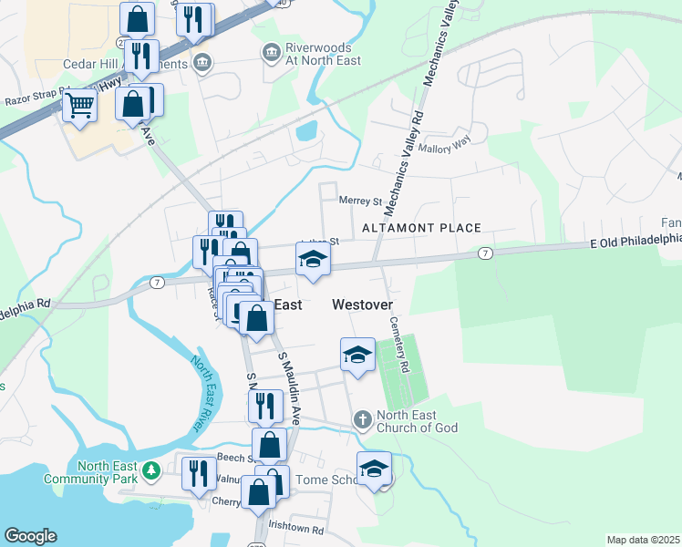 map of restaurants, bars, coffee shops, grocery stores, and more near 310 East Cecil Avenue in North East