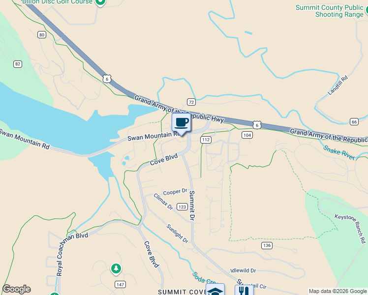 map of restaurants, bars, coffee shops, grocery stores, and more near 100 Cove Boulevard in Dillon