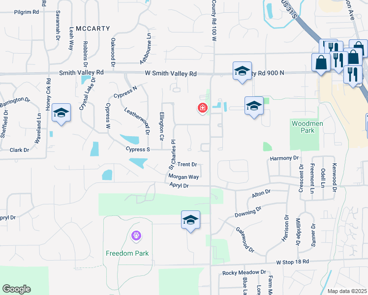 map of restaurants, bars, coffee shops, grocery stores, and more near 1001 Village Circle in Greenwood