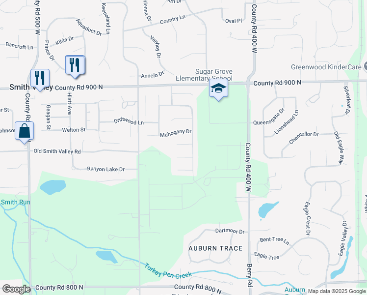 map of restaurants, bars, coffee shops, grocery stores, and more near 4295 Almond Court in Greenwood