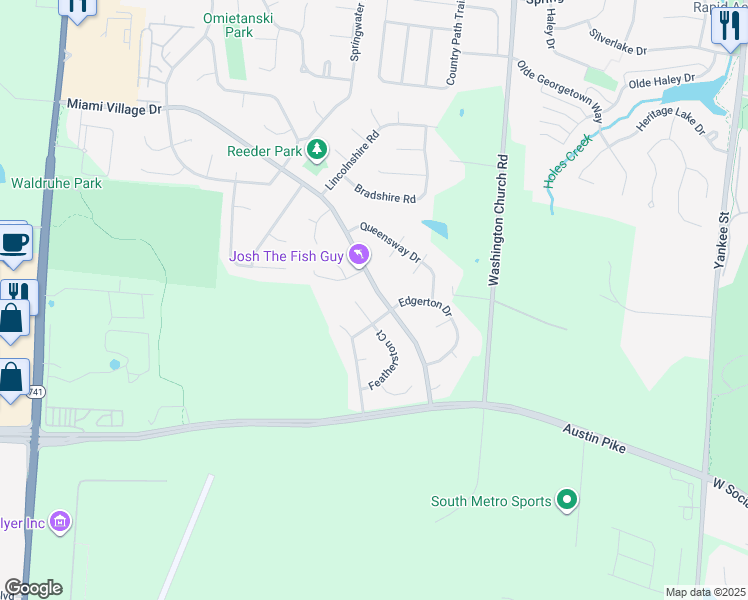 map of restaurants, bars, coffee shops, grocery stores, and more near 2388 Miami Village Drive in Miamisburg