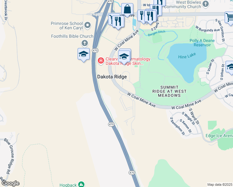 map of restaurants, bars, coffee shops, grocery stores, and more near 13310 West Coal Mine Drive in Littleton