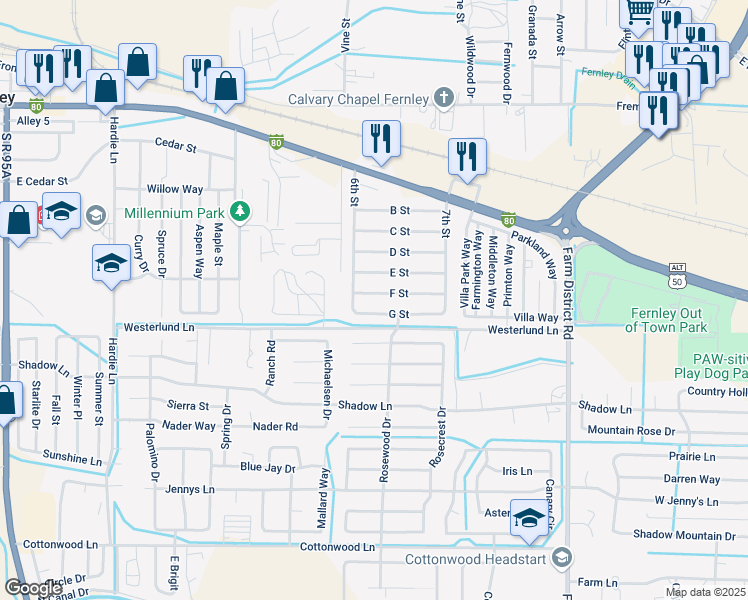 map of restaurants, bars, coffee shops, grocery stores, and more near 770 F Street in Fernley