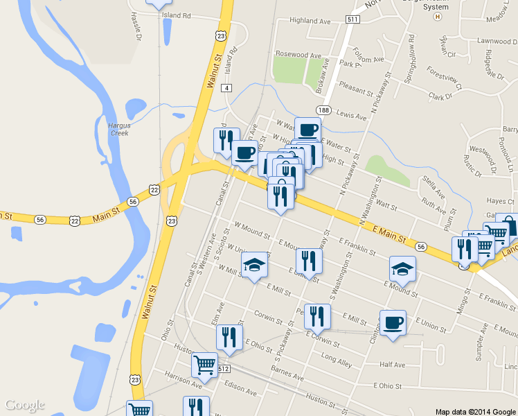 map of restaurants, bars, coffee shops, grocery stores, and more near 156 West Franklin Street in Circleville