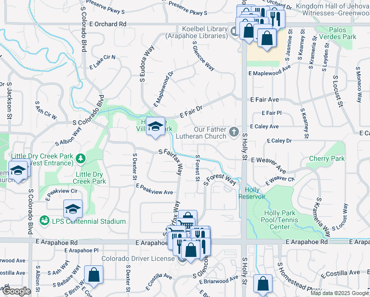 map of restaurants, bars, coffee shops, grocery stores, and more near 6430 South Filbert Lane in Centennial