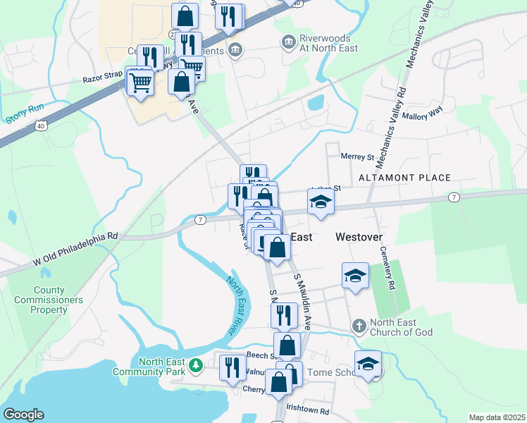 map of restaurants, bars, coffee shops, grocery stores, and more near 1 East Cecil Avenue in North East