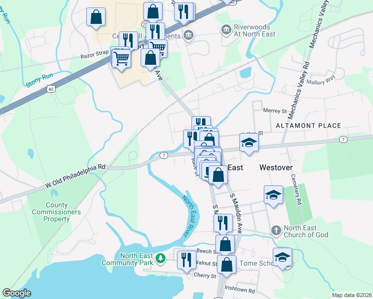 map of restaurants, bars, coffee shops, grocery stores, and more near 103-105 West Cecil Avenue in North East