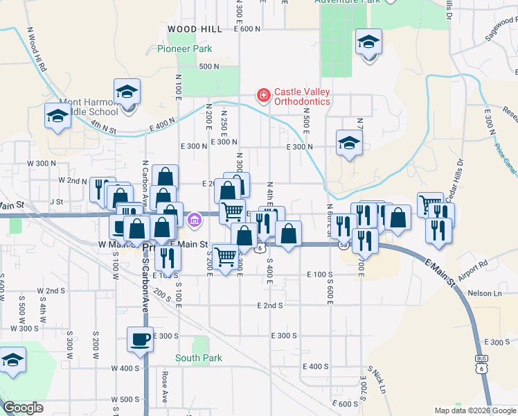 map of restaurants, bars, coffee shops, grocery stores, and more near 126 North 4th East in Price