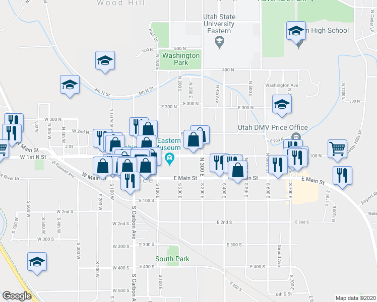 map of restaurants, bars, coffee shops, grocery stores, and more near 229 East 100 North in Price