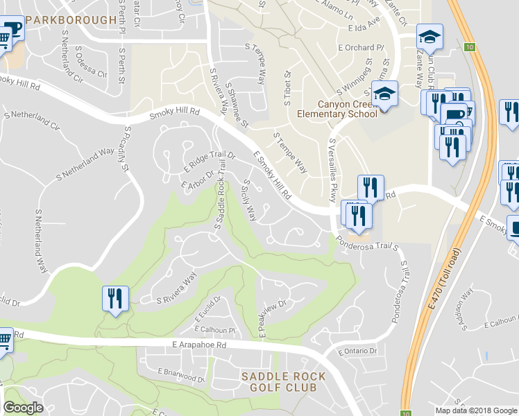 map of restaurants, bars, coffee shops, grocery stores, and more near 6365 South Tempe Court in Aurora