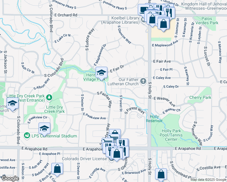 map of restaurants, bars, coffee shops, grocery stores, and more near 6430 South Filbert Lane in Centennial