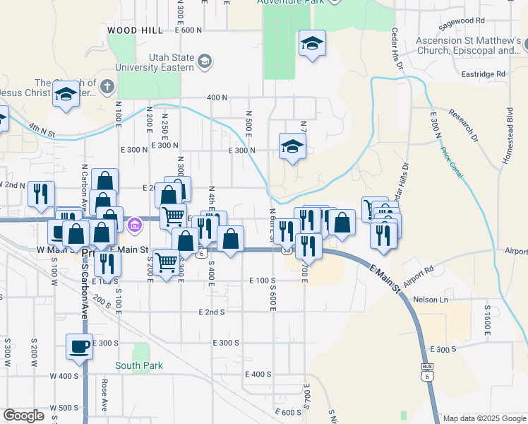 map of restaurants, bars, coffee shops, grocery stores, and more near 545 East 100 North in Price