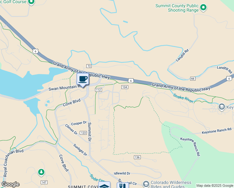 map of restaurants, bars, coffee shops, grocery stores, and more near 106 County Road 102 in Dillon
