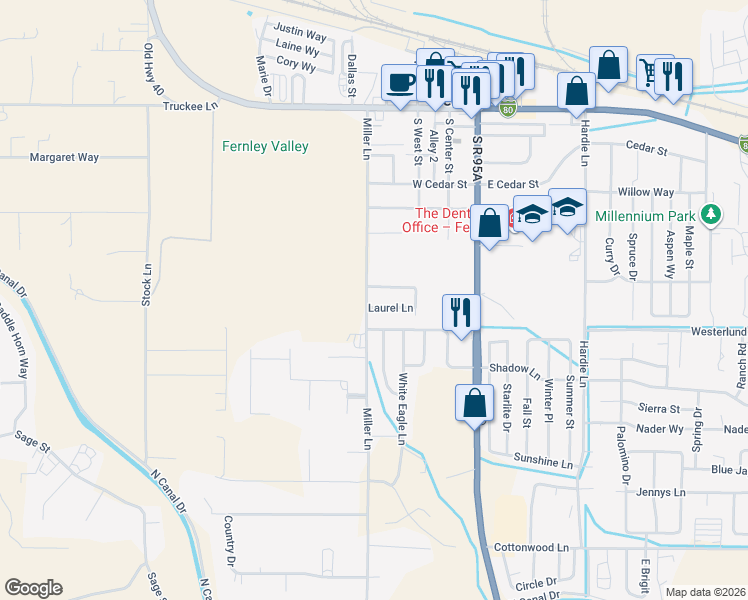 map of restaurants, bars, coffee shops, grocery stores, and more near 342 Laurel Lane in Fernley