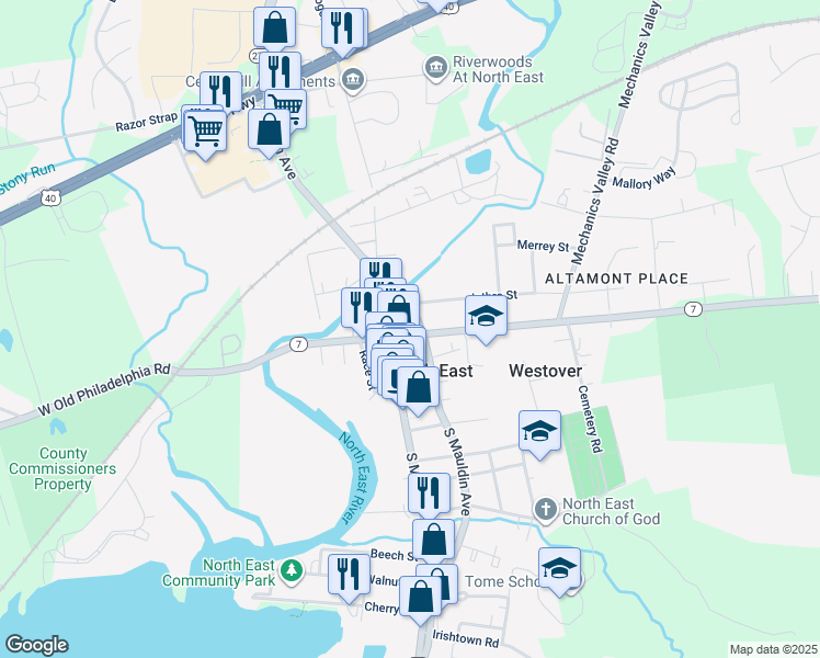 map of restaurants, bars, coffee shops, grocery stores, and more near 1 East Cecil Avenue in North East