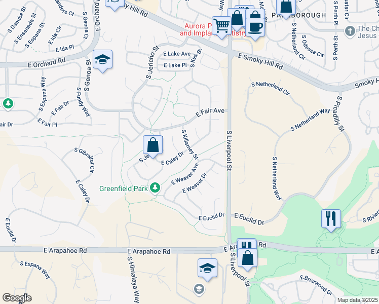 map of restaurants, bars, coffee shops, grocery stores, and more near 20602 East Caley Drive in Centennial