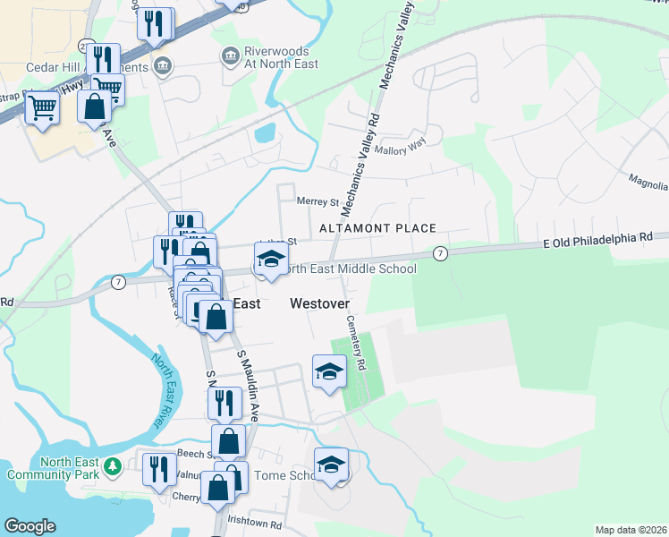 map of restaurants, bars, coffee shops, grocery stores, and more near 322 East Cecil Avenue in North East