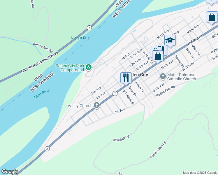 map of restaurants, bars, coffee shops, grocery stores, and more near West Adams Street in Paden City