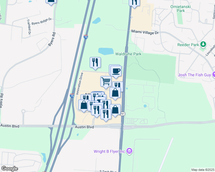 map of restaurants, bars, coffee shops, grocery stores, and more near 10101 Landing Way in Miamisburg