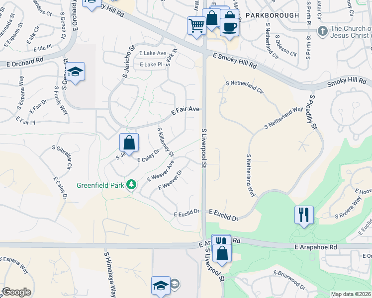 map of restaurants, bars, coffee shops, grocery stores, and more near 20737 East Caley Place in Aurora