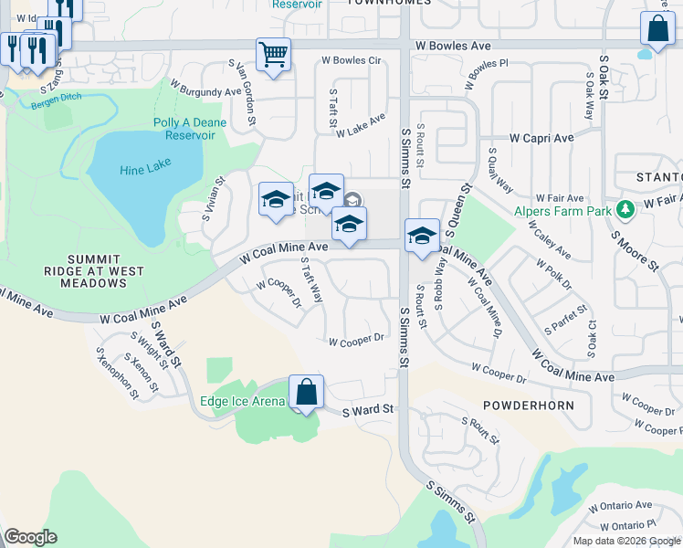 map of restaurants, bars, coffee shops, grocery stores, and more near 11881 West Cooper Avenue in Littleton