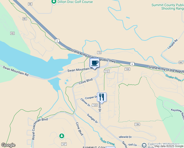 map of restaurants, bars, coffee shops, grocery stores, and more near 100 Cove Boulevard in Dillon