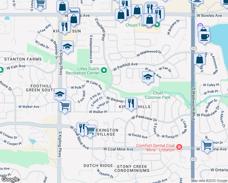 map of restaurants, bars, coffee shops, grocery stores, and more near 6378 South Garland Court in Littleton