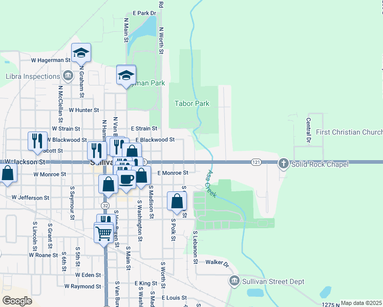 map of restaurants, bars, coffee shops, grocery stores, and more near 215 North Lebanon Street in Sullivan