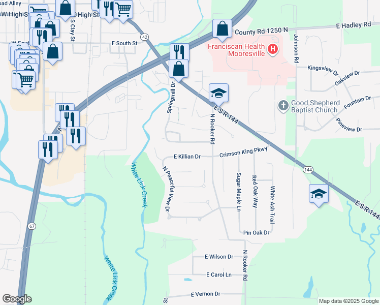 map of restaurants, bars, coffee shops, grocery stores, and more near 1013 East Killian Drive in Mooresville
