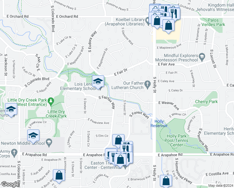 map of restaurants, bars, coffee shops, grocery stores, and more near 6430 South Filbert Lane in Centennial