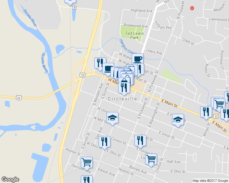 map of restaurants, bars, coffee shops, grocery stores, and more near 156 West Franklin Street in Circleville