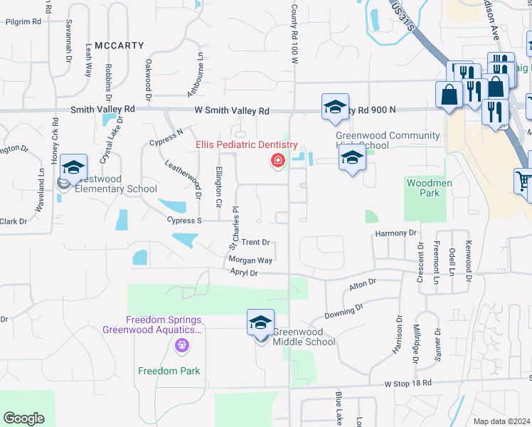map of restaurants, bars, coffee shops, grocery stores, and more near 1001 Village Circle in Greenwood