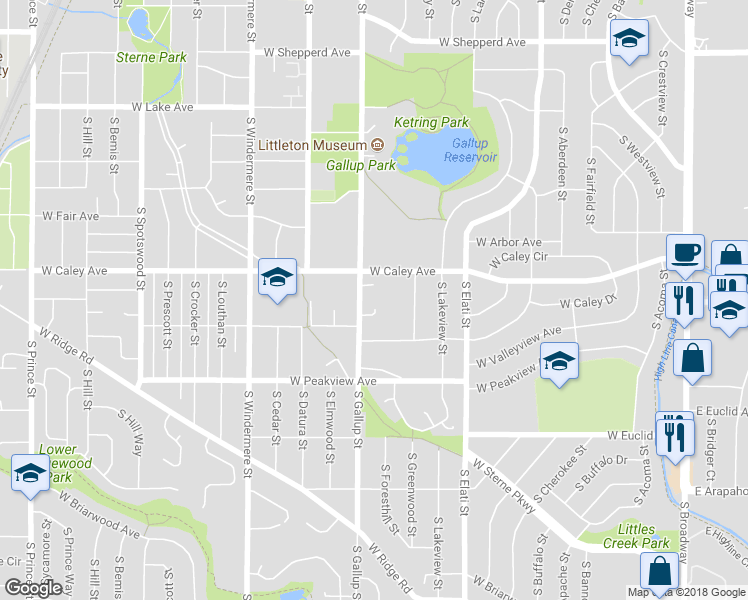 map of restaurants, bars, coffee shops, grocery stores, and more near 6358 South Gallup Place in Littleton