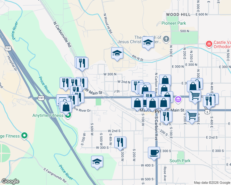 map of restaurants, bars, coffee shops, grocery stores, and more near 128 North 4th West in Price
