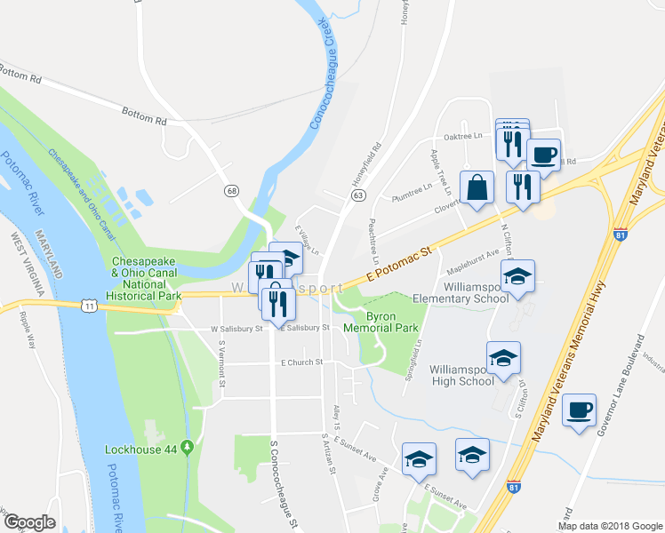 map of restaurants, bars, coffee shops, grocery stores, and more near 123 North Artizan Street in Williamsport