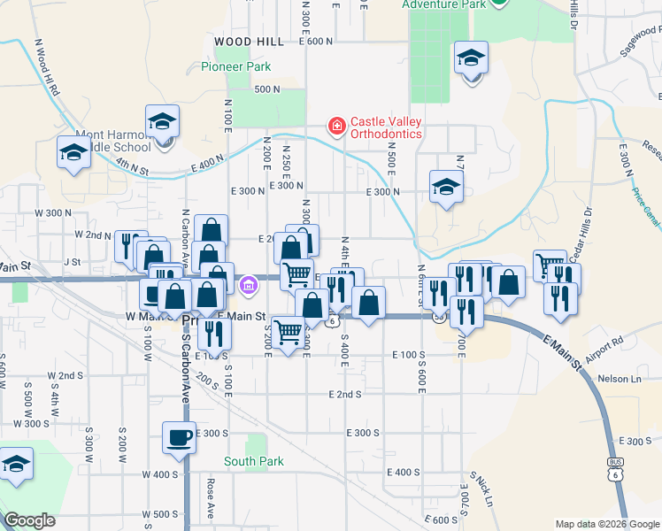 map of restaurants, bars, coffee shops, grocery stores, and more near 126 North 4th East in Price