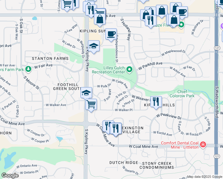 map of restaurants, bars, coffee shops, grocery stores, and more near 6358 S Iris Way in Littleton