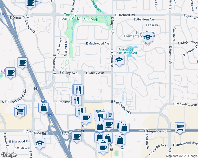 map of restaurants, bars, coffee shops, grocery stores, and more near 9551 East Caley Circle in Englewood