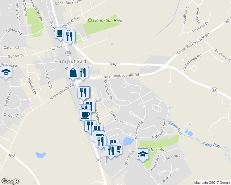 map of restaurants, bars, coffee shops, grocery stores, and more near 974 Sugar Maple Street in Hampstead